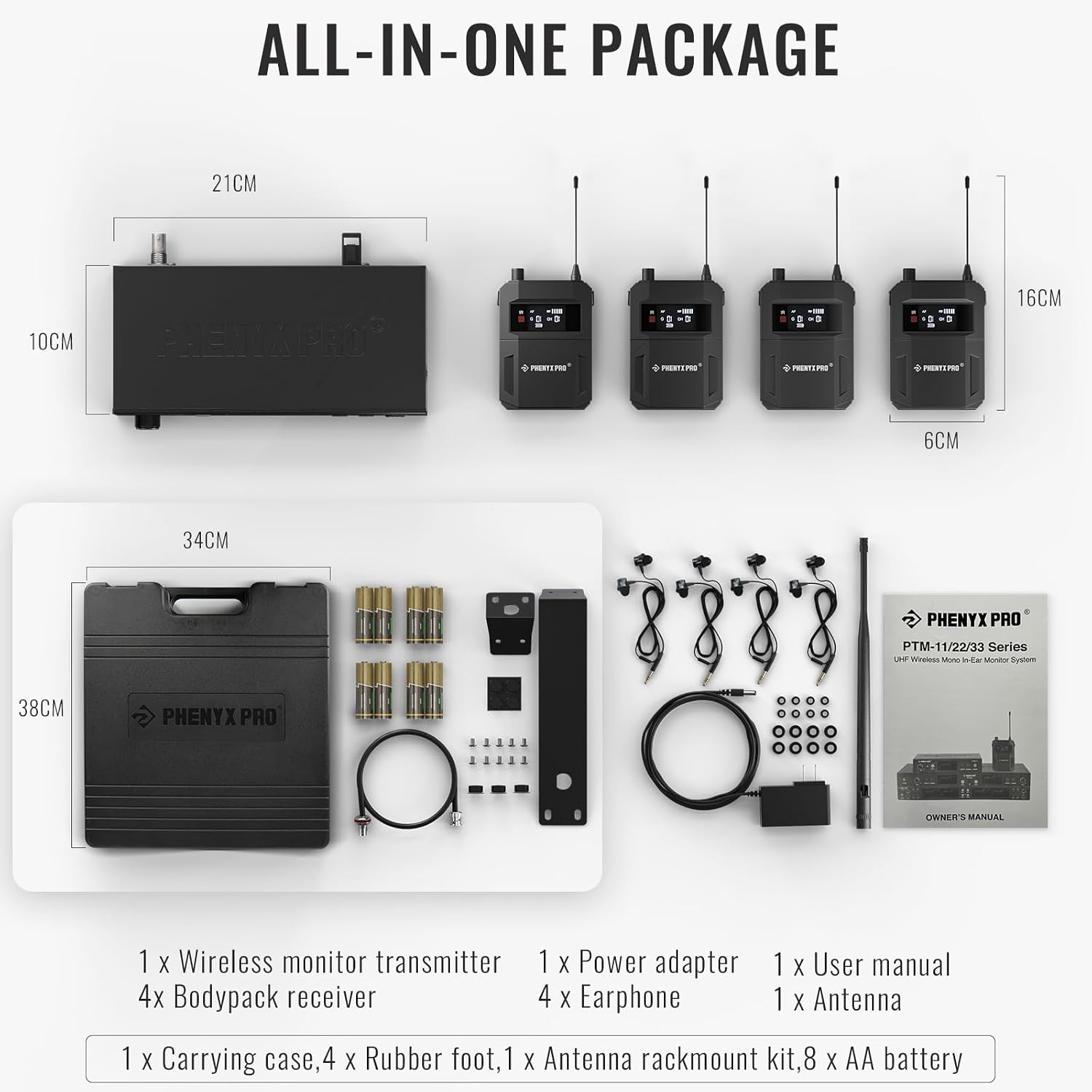 Phenyx Pro Wireless In-Ear Monitor System, Dual IEM for Musicians, Mono Stage Monitor, Metal w/ 4 Bodypacks, 50 UHF Frequencies, Rack Mount, 164ft Range, for Studio/Band (PTM-11-4B)