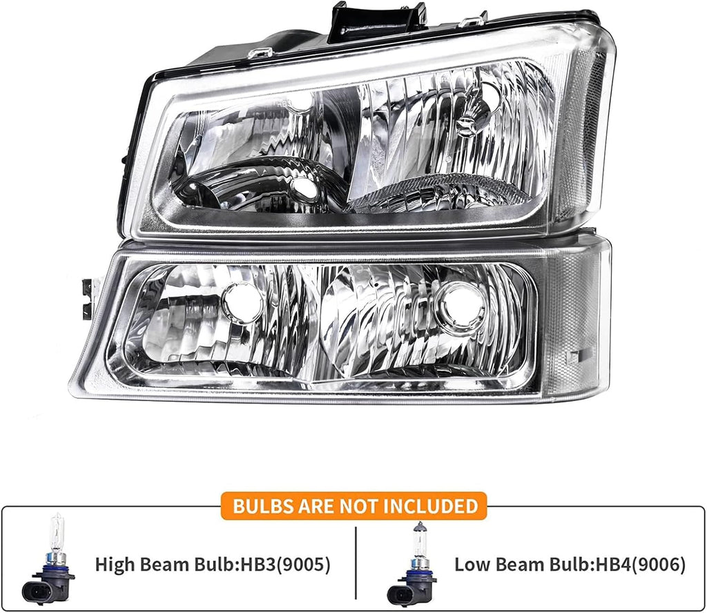 Headlights Tail Lights Assembly Combo Compatible with 2003 2004 2005 2006 Chevy Silverado 1500 2500 3500, Chrome Housing Clear Lens Headlamp w/ Red Taillight Rear Brake Lamp
