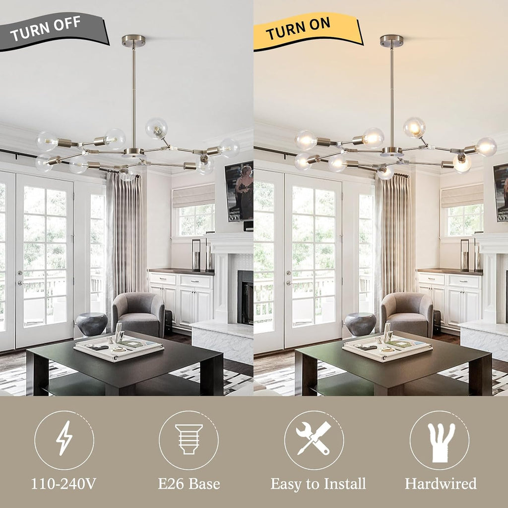KCO Lighting Sputnik Chandelier 9-Light Sand Nickel Semi Flush Mount Ceiling Light Adjustable Modern Silver Sputnik Pendant Lighting Vintage Ceiling Light Fixture for Kitchen Dining Room