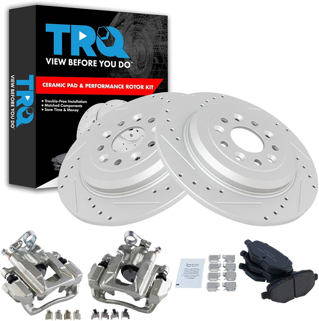 TRQ Rear Brake Rotor Pad Caliper Set Ceramic Performance Slotted Drilled Compatible with 2011-2018 Ford Explorer 2010-2012 Flex 2013-2018 Taurus 2010-2013 Lincoln MKT