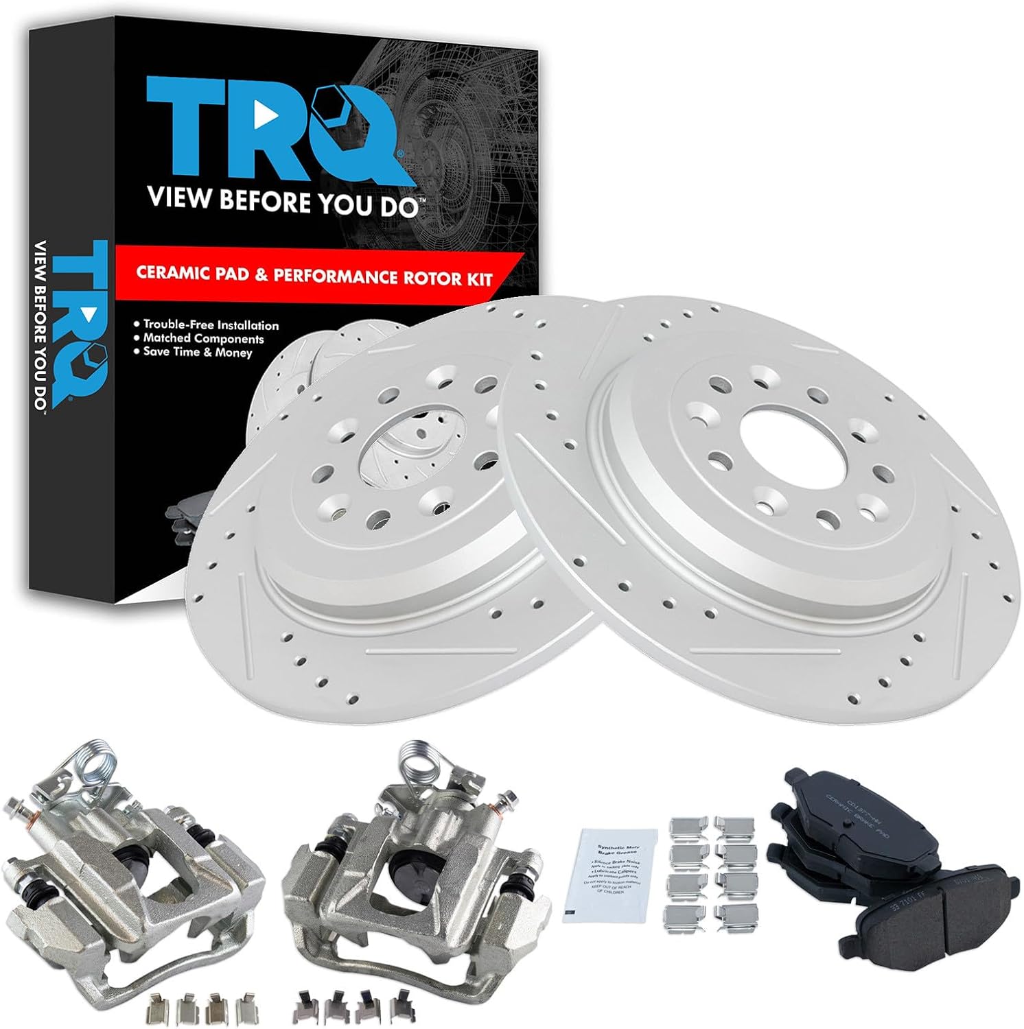 TRQ Rear Brake Rotor Pad Caliper Set Ceramic Performance Slotted Drilled Compatible with 2011-2018 Ford Explorer 2010-2012 Flex 2013-2018 Taurus 2010-2013 Lincoln MKT