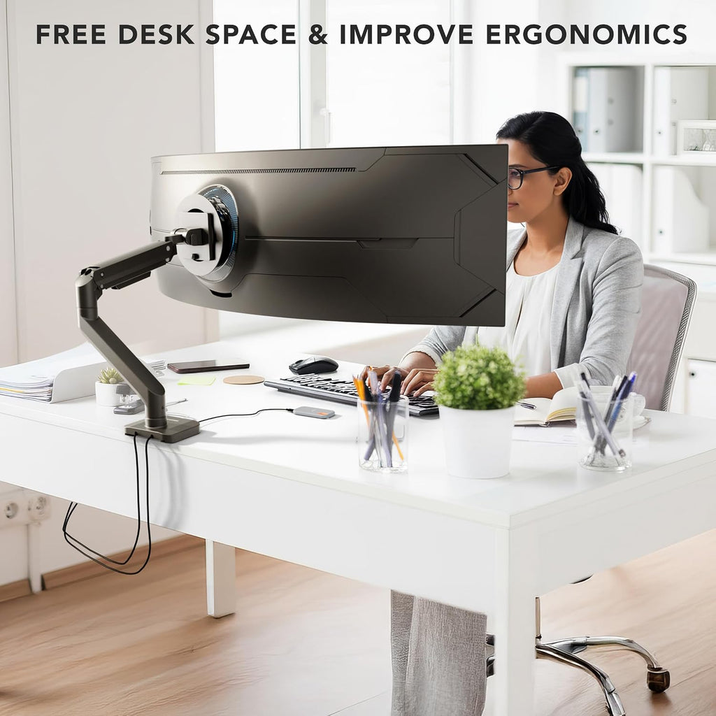 Mount-It! Proflex Series Heavy-Duty Monitor Desk Mount, Fits 17–49' Ultrawide Curved Screens, Full Motion Gas Spring Arm, 44 lbs Capacity, USB-C & USB 3.0 Ports, VESA 75/100, Clamp or Grommet Base