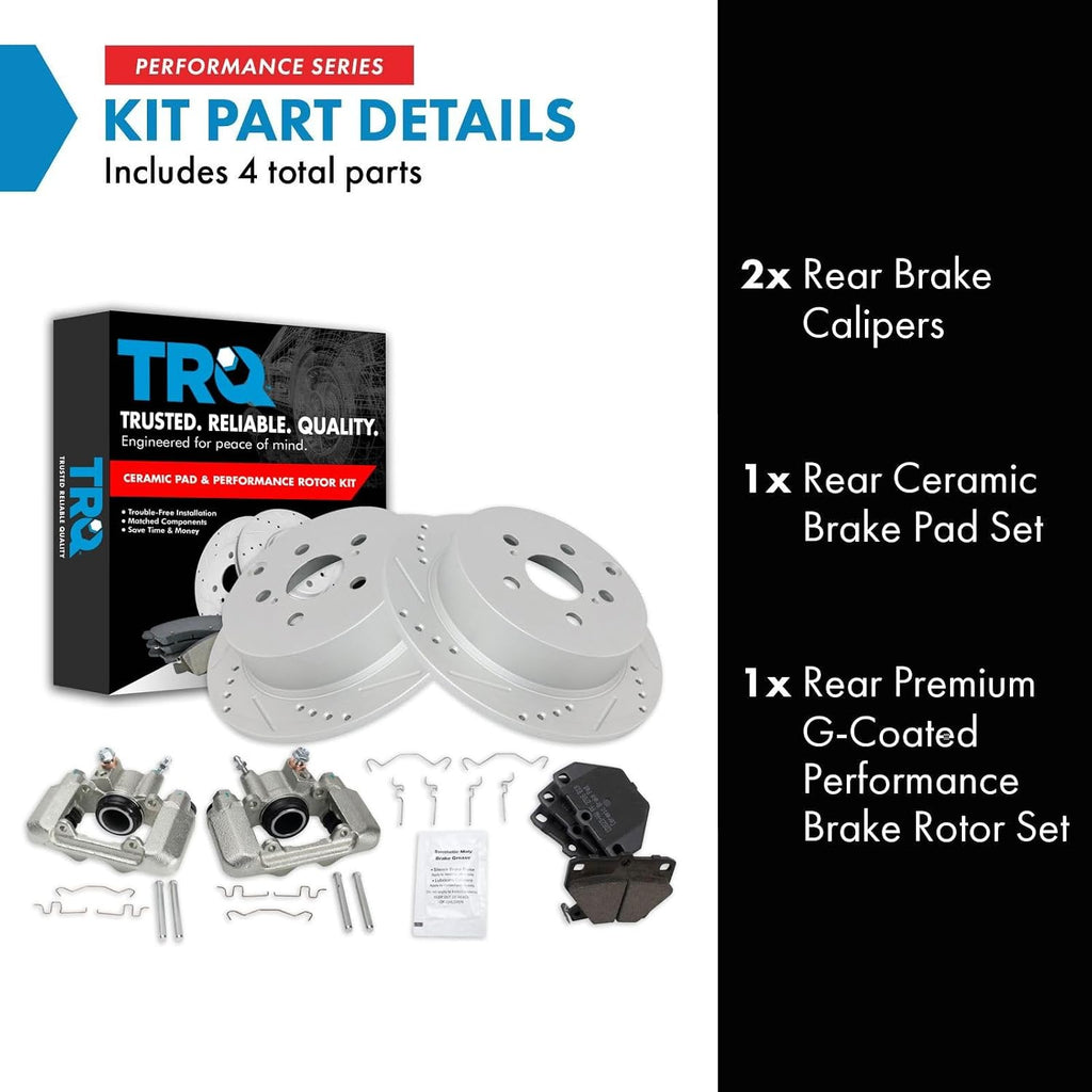 TRQ Performance Rear Brake Pad and Rotor Set Ceramic G Coated Slotted Drilled Rotors Calipers Compatible with 2003-2006 Pontiac Vibe 2000-2005 Toyota Celica 2005-2006 Corolla 2003-2006 Matrix