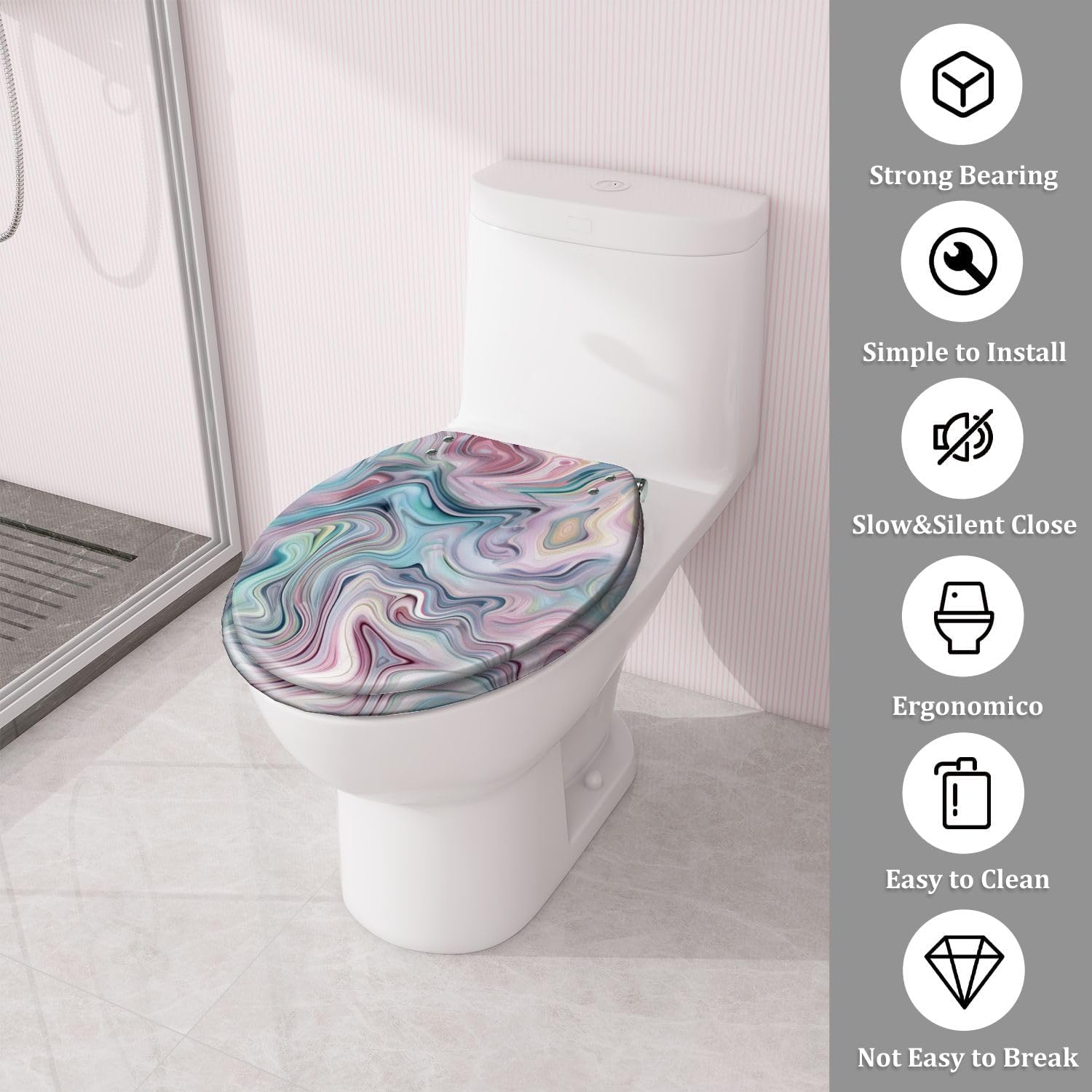 Round Toilet Seat Seamless pattern liquid fluid marble texture colourful pastel paint Resin Toilet Seat Quietly Close Quick Release Hinges Decorative Toilet Seat with Cover Easy to Install