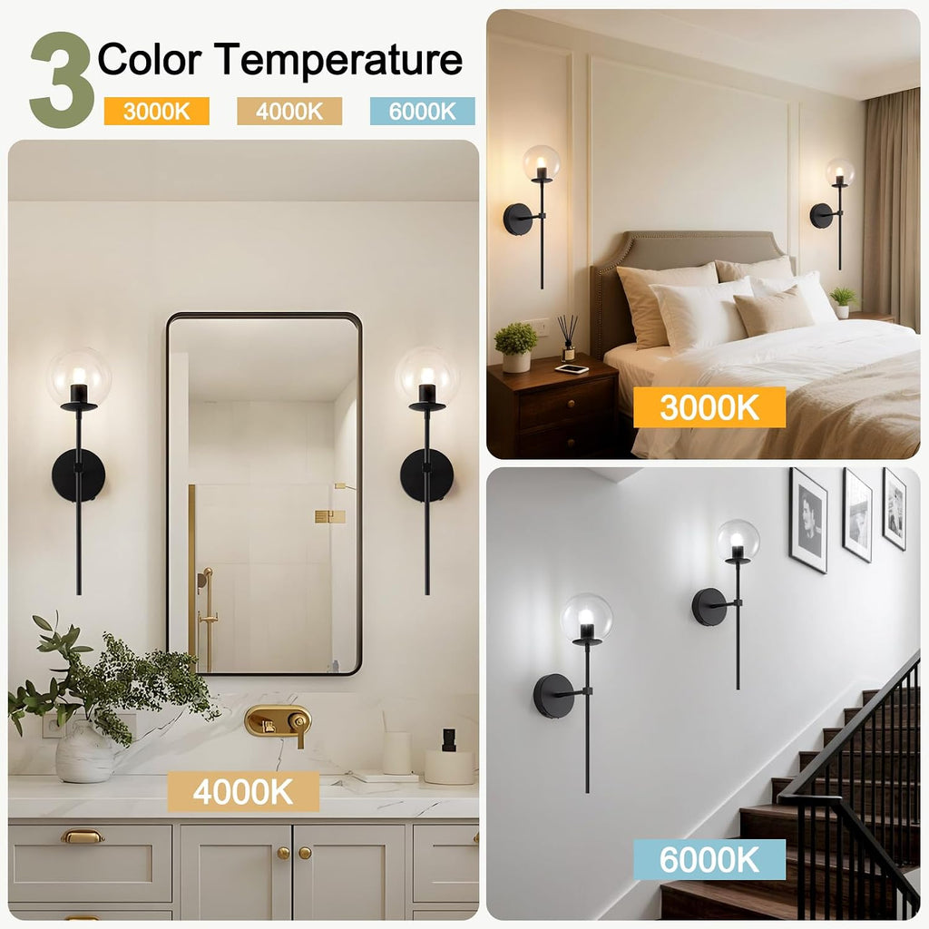 Black Battery Operated wall Sconce Set of 2 Glass Globe 3000~6000K Rechargeable Wall Light Fixture Wireless Wall Lights with Clear Glass Shade for Living Room, Hallway, Bedroom(2 Pack)