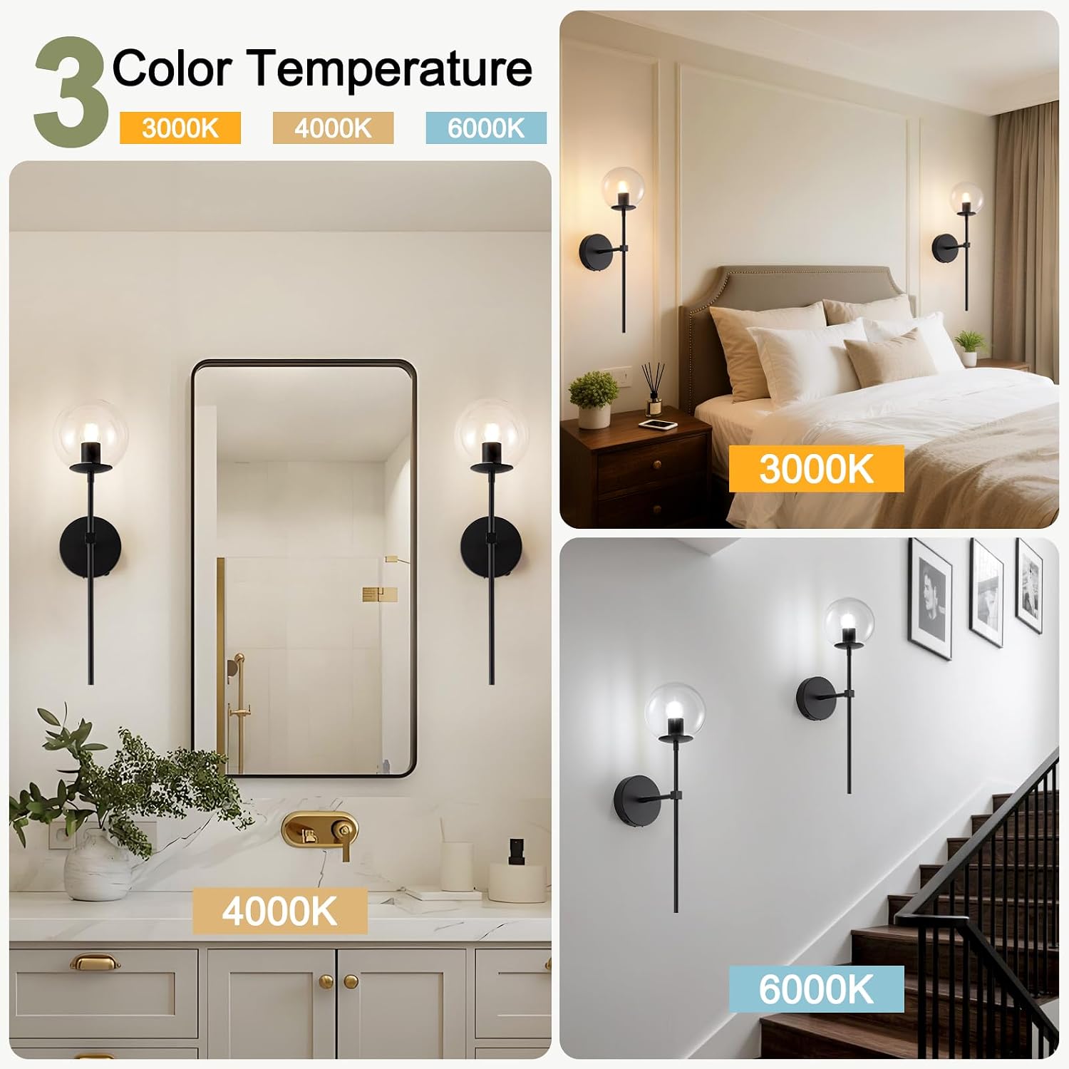 Black Battery Operated wall Sconce Set of 2 Glass Globe 3000~6000K Rechargeable Wall Light Fixture Wireless Wall Lights with Clear Glass Shade for Living Room, Hallway, Bedroom(2 Pack)