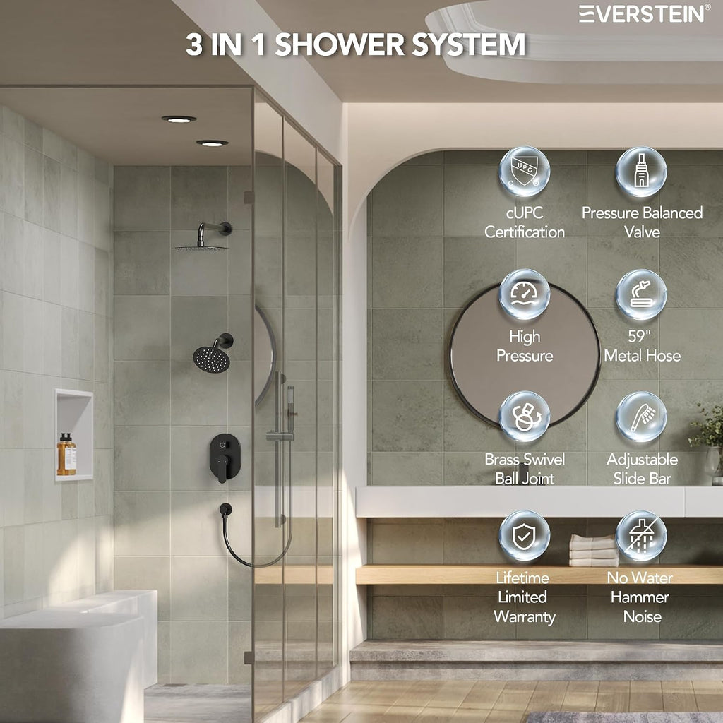 Wall Mount 10' High-Pressure Rainfall Shower Faucet with Slide Bar, Dual Rainfall Shower Head System with Valve (Matte Black)