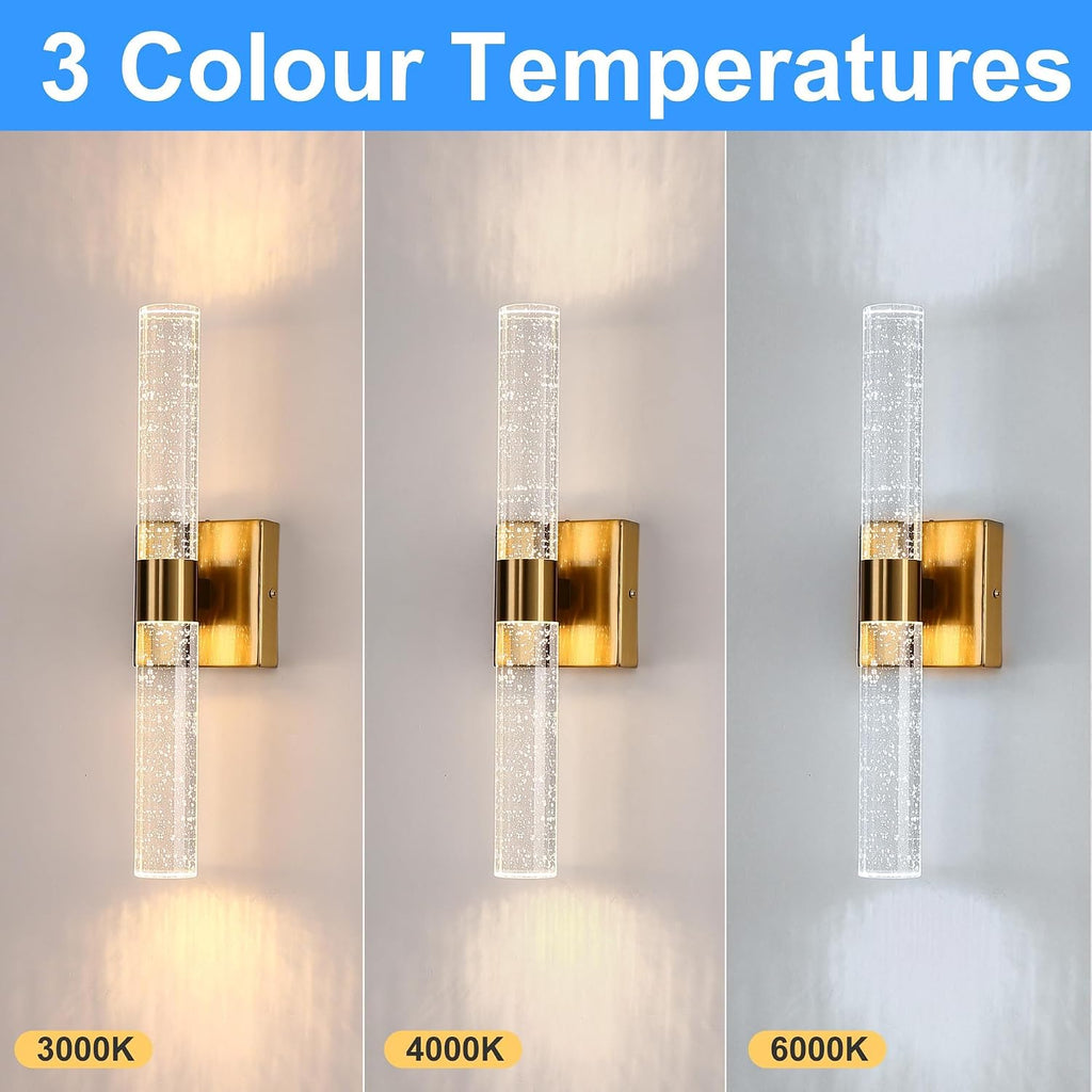 DORESshop Modern Wall Sconces Set of Two, 3CCT Crystal Bathroom Sconces Wall Light, Gold Vanity Light Fixture, Sconce Wall Decor Set of 2, Wall Lights for Bedroom, Living Room, Hallway 18in