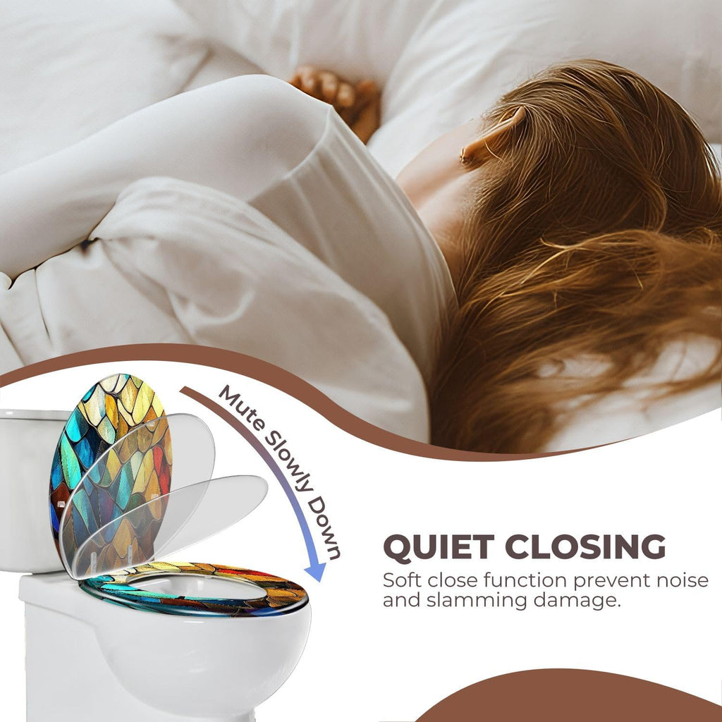 Round Toilet Seat Colorful stained glass window Abstract stained glass Art Nouveau Resin Colored Toilet Seat Quick Release Hinges with Cover Easy to Install Decorative for Bathroom