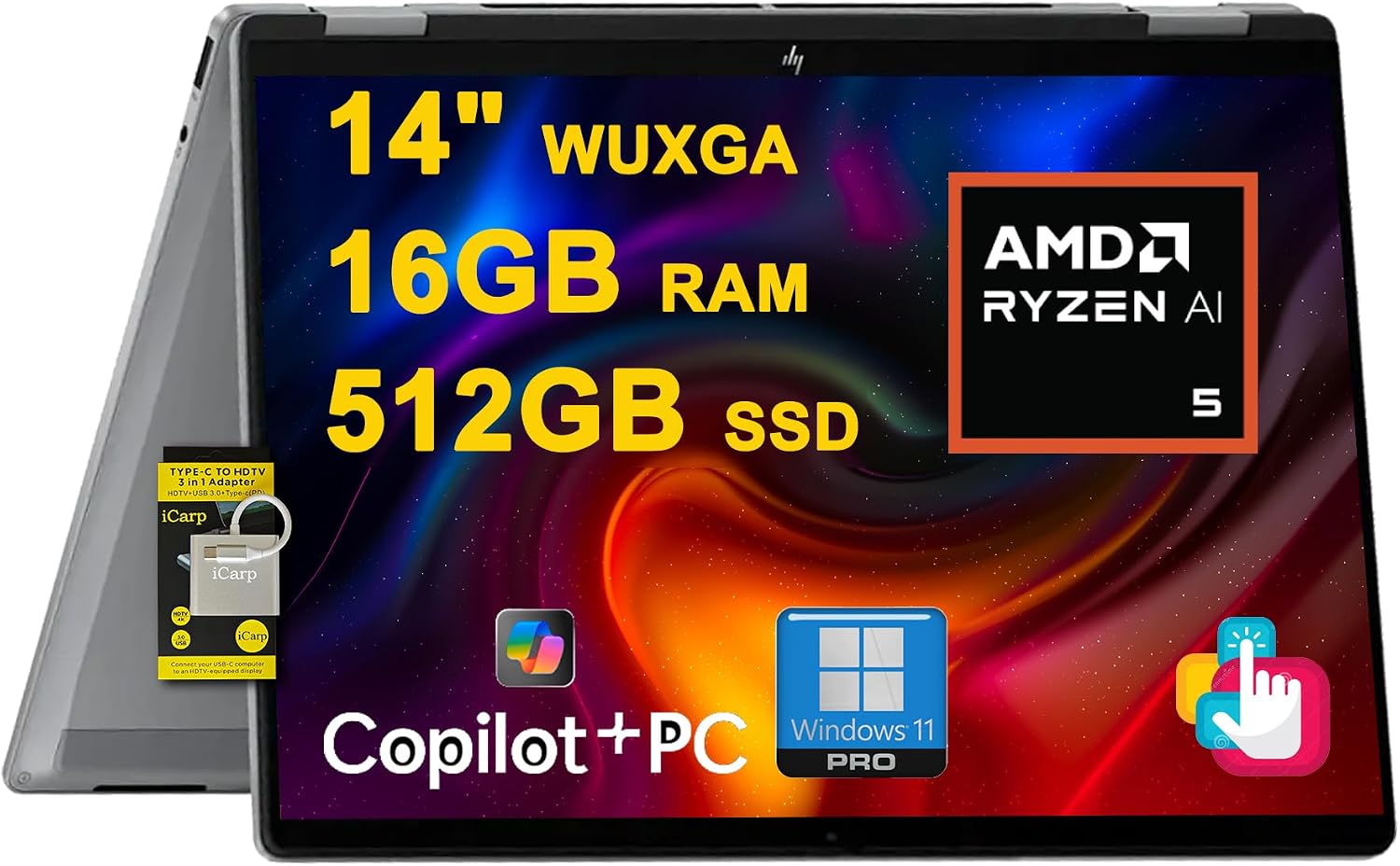 HP OmniBook X Flip 2-in-1 Laptop 14' WUXGA IPS Touch (400nits) AMD 6-core Ryzen AI 5 340 (Up to 50 Tops) 16GB RAM 512GB SSD for Creator Designer Business Professional Win11Pro ICP Hub