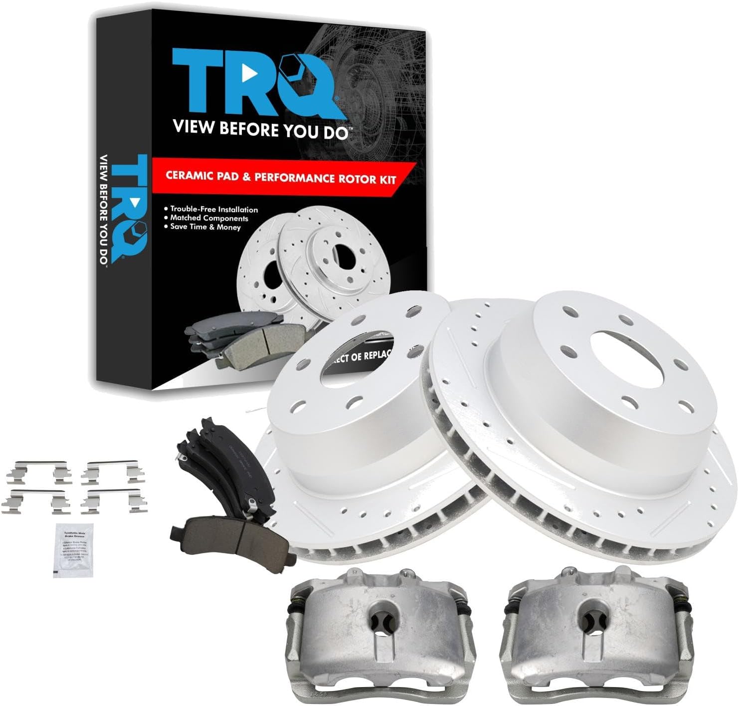 TRQ Performance Rear Brake Calipers Ceramic Pads Drilled Rotors Compatible with 07-14 Express 1500