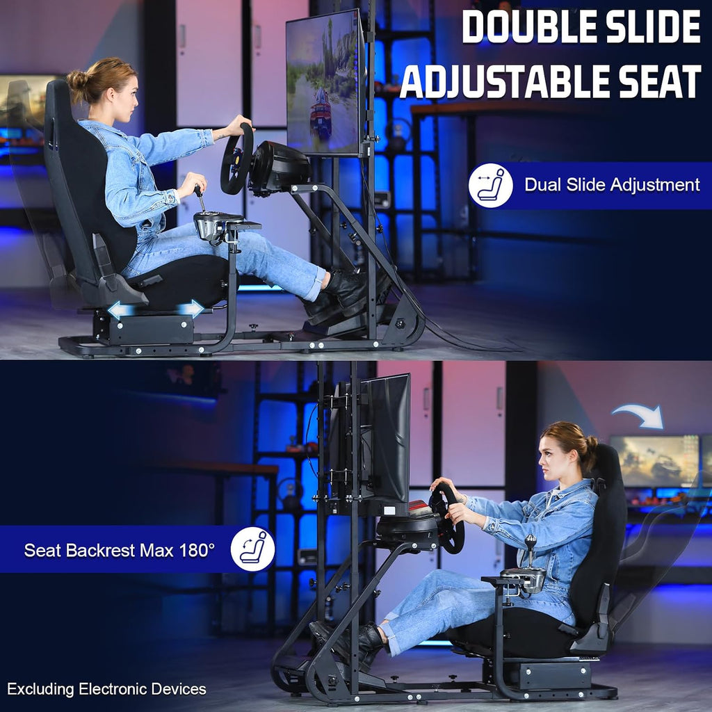 Marada Racing Cockpit Frame with TV Stand,Gear Mount & Black Seat Fit for Logitech G923 G920, for Thrustmaster T500 T3PA TGT, for Fantec, Height Adjustable,Wheel and Pedals Not Included