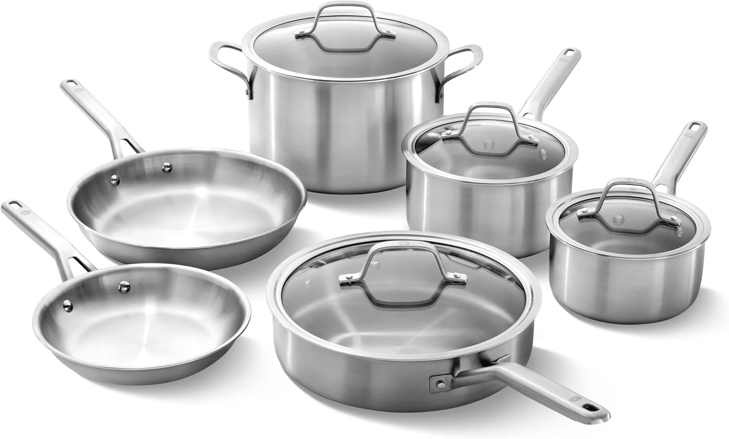 Calphalon Brushed 3-Ply Stainless Steel Cookware Set w/Turbo Heat Tech 10 Piece Includes Frying Pans, Pots and Pans Set, Induction, Oven Safe 450F, Brushed Stainless Silver