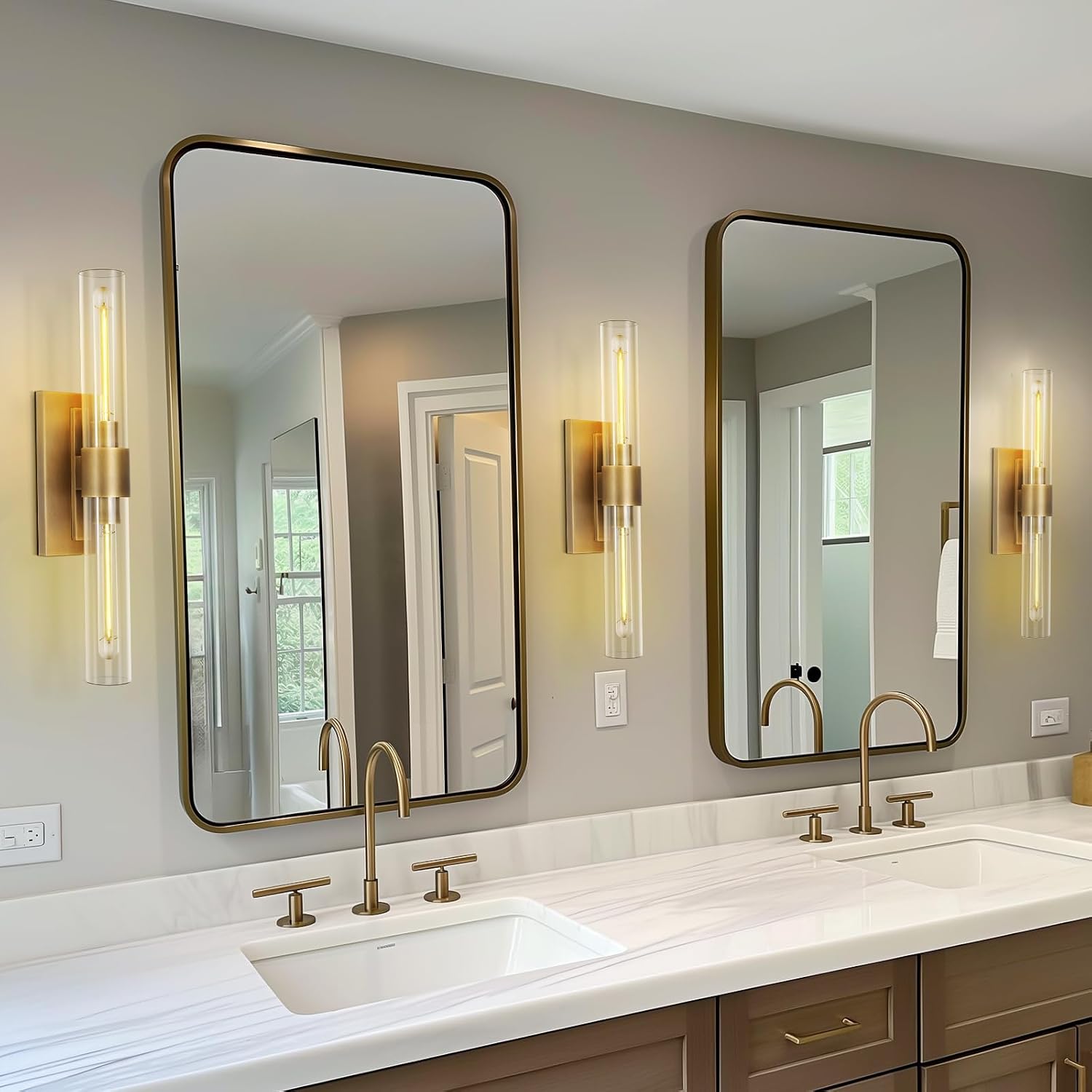 Brass Wall Sconces, 22.8' Bathroom Wall Sconce, Antique Brass Wall Sconces Set of 2, 2-Light Dimmable Wall Sconce, Sconces Wall Lighting With Glass, Bathroom Vanity Light, Tube Sconce for Living Room