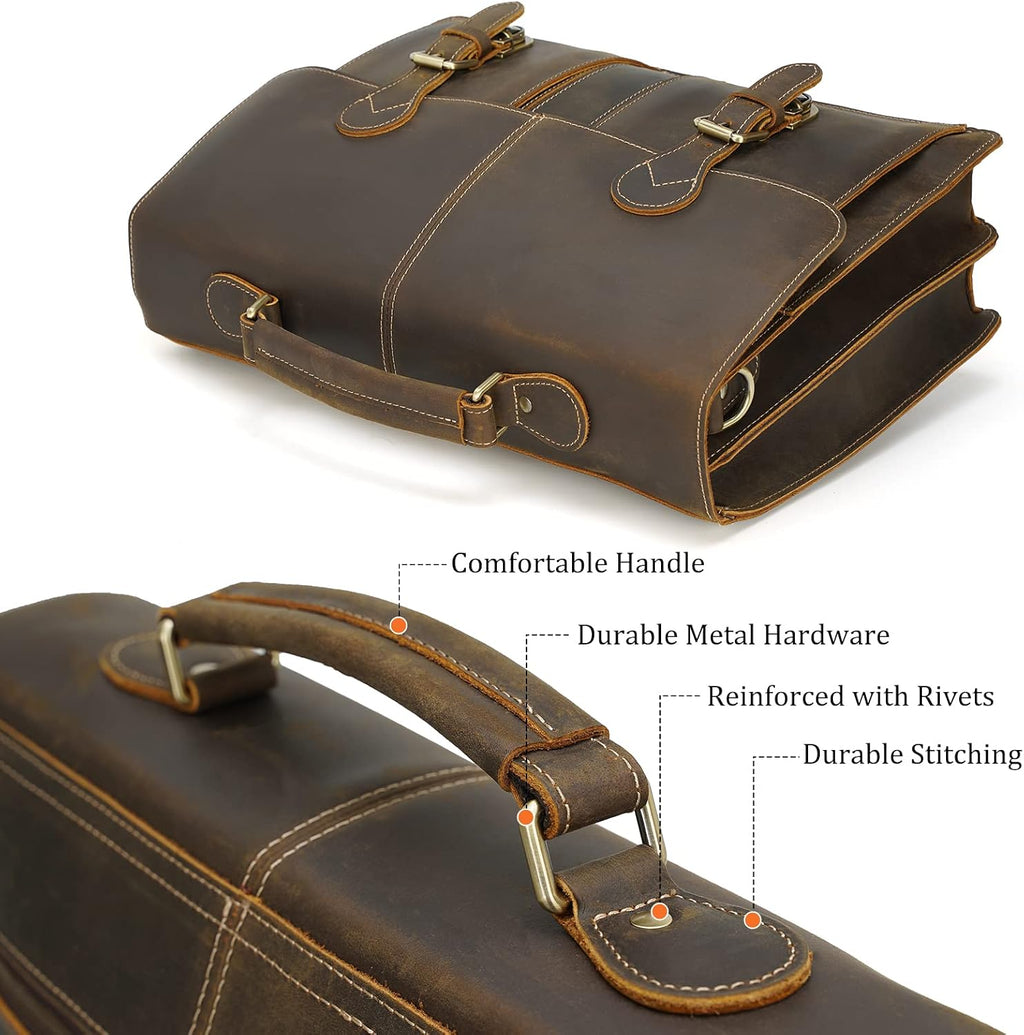 Polare 16' Full Grain Leather Messenger Bag Laptop Briefcase Bag Professional Work Bag For Men with YKK Zippers