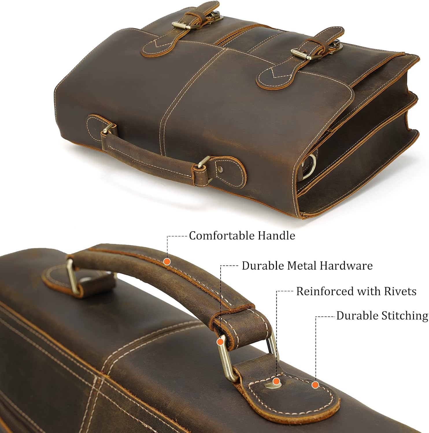 Polare 16' Full Grain Leather Messenger Bag Laptop Briefcase Bag Professional Work Bag For Men with YKK Zippers