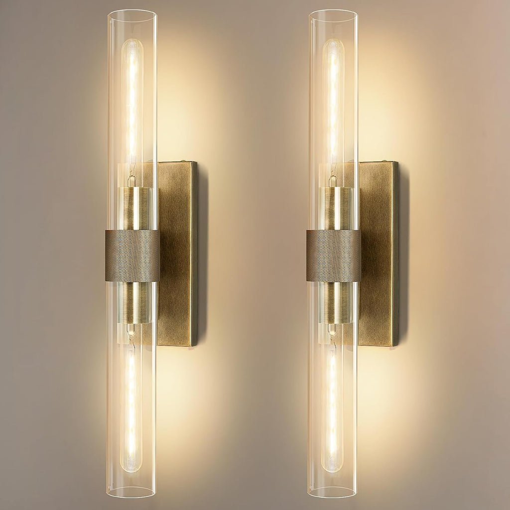 Wall Sconces Set of Two, Gold Bathroom Sconces Wall Lighting with Clear Glass, Modern Sconces Wall Decor Light Fixtures for Bathroom Mirror Living Room Hallway Bedroom