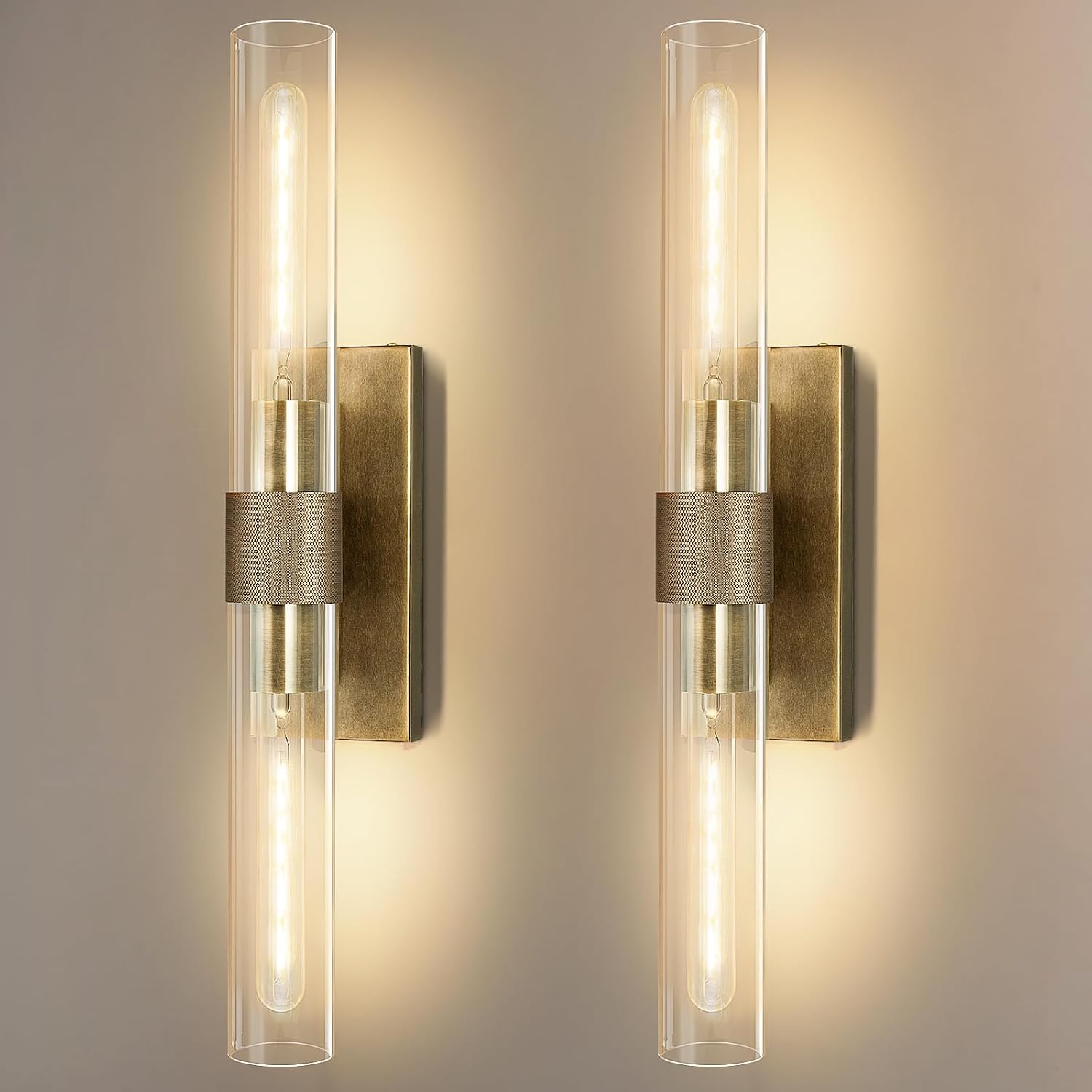 Wall Sconces Set of Two, Gold Bathroom Sconces Wall Lighting with Clear Glass, Modern Sconces Wall Decor Light Fixtures for Bathroom Mirror Living Room Hallway Bedroom