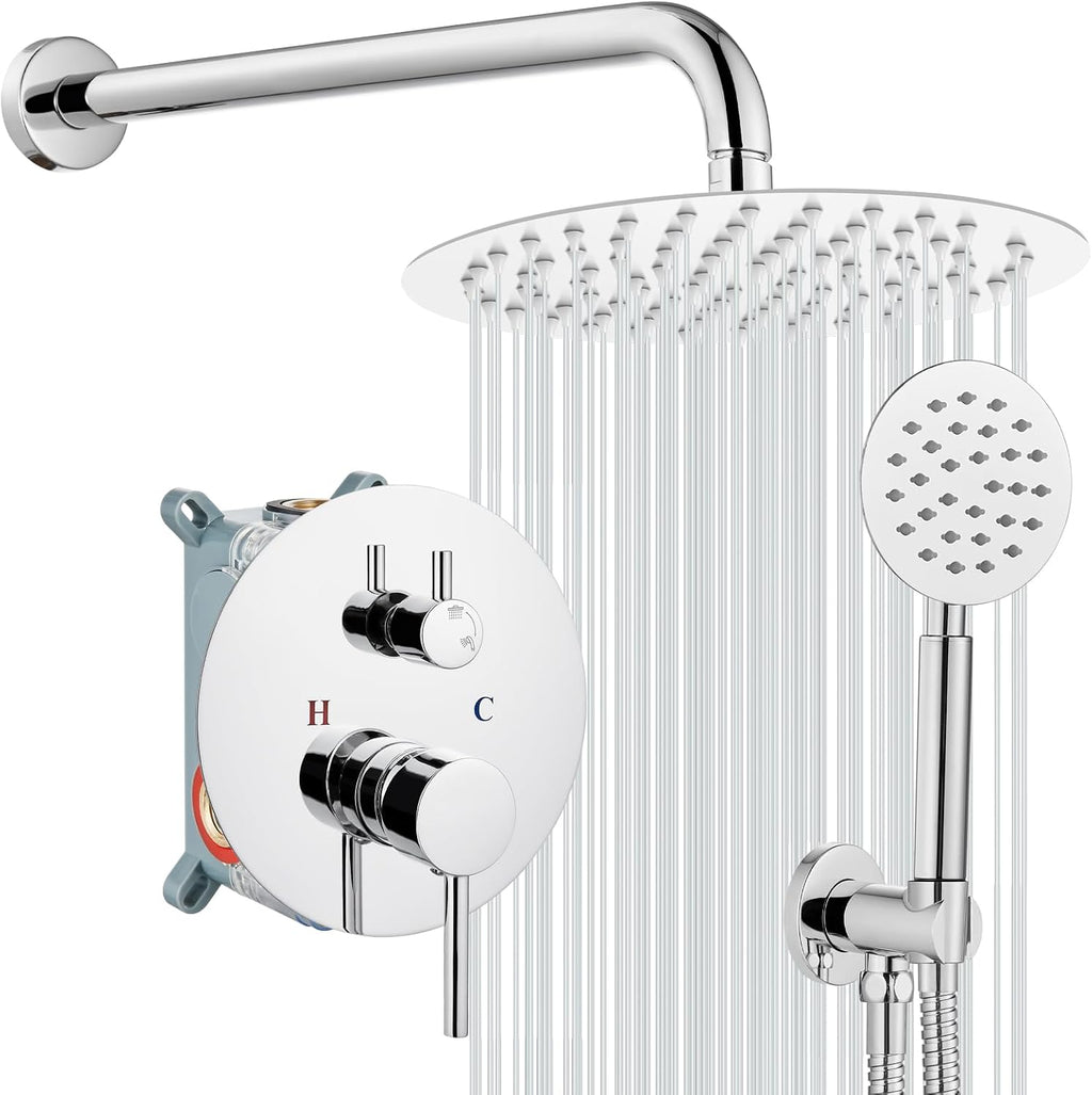 gotonovo Rain Shower System with 10 Inch Round Showerhead and Handheld High Pressure Shower Faucet Set Contain Rough in Valve, Polish Chrome