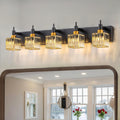 Modern Crystal Bathroom Vanity Light Black Gold 5-Lights Bathroom Lighting Fixtures Over Mirror, Brass Wall Light Fixtures