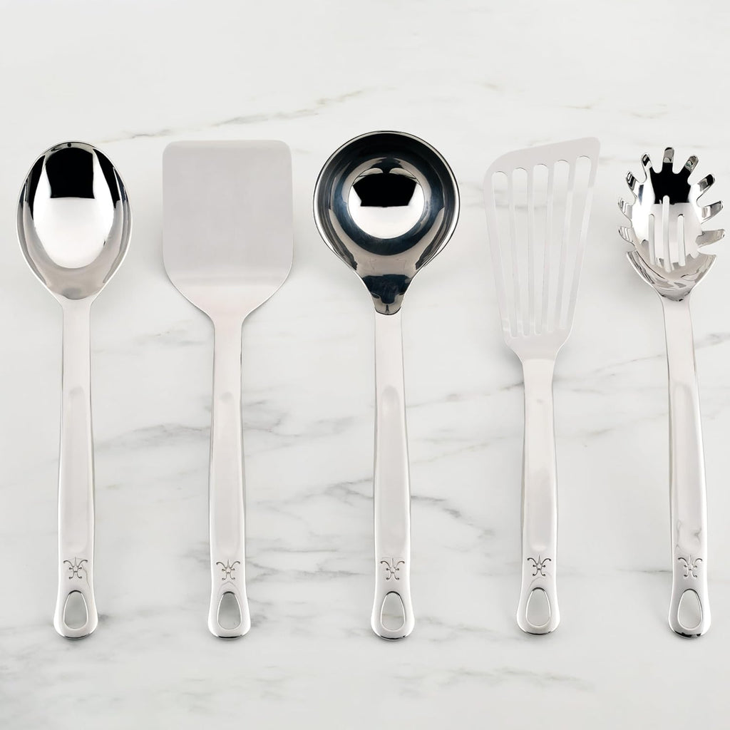 Hestan Provisions Chef's Tools, Essential Set (5-Piece), Stainless Steel Solid Spoon, Ladle, Pasta Fork, Turner/Spatula, Fish Spatula