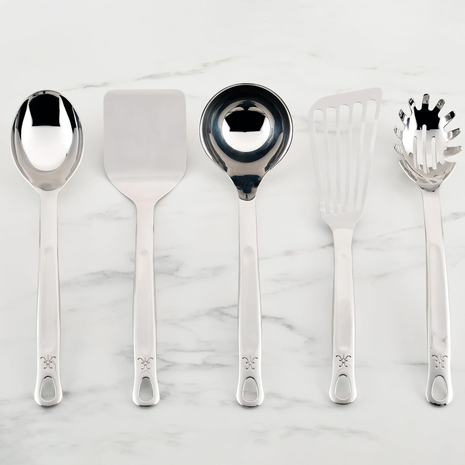 Hestan Provisions Chef's Tools, Essential Set (5-Piece), Stainless Steel Solid Spoon, Ladle, Pasta Fork, Turner/Spatula, Fish Spatula