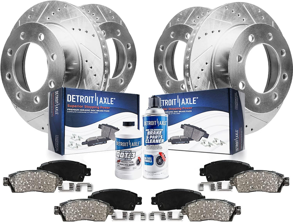 Detroit Axle - Brake Kit for Chevy GMC Silverado Sierra 3500 HD, Drilled and Slotted Disc Brake Rotors Brakes Pads 2020 2021 2022 2023 2024 Replacement : 13.98' inch Front and Rear Rotors