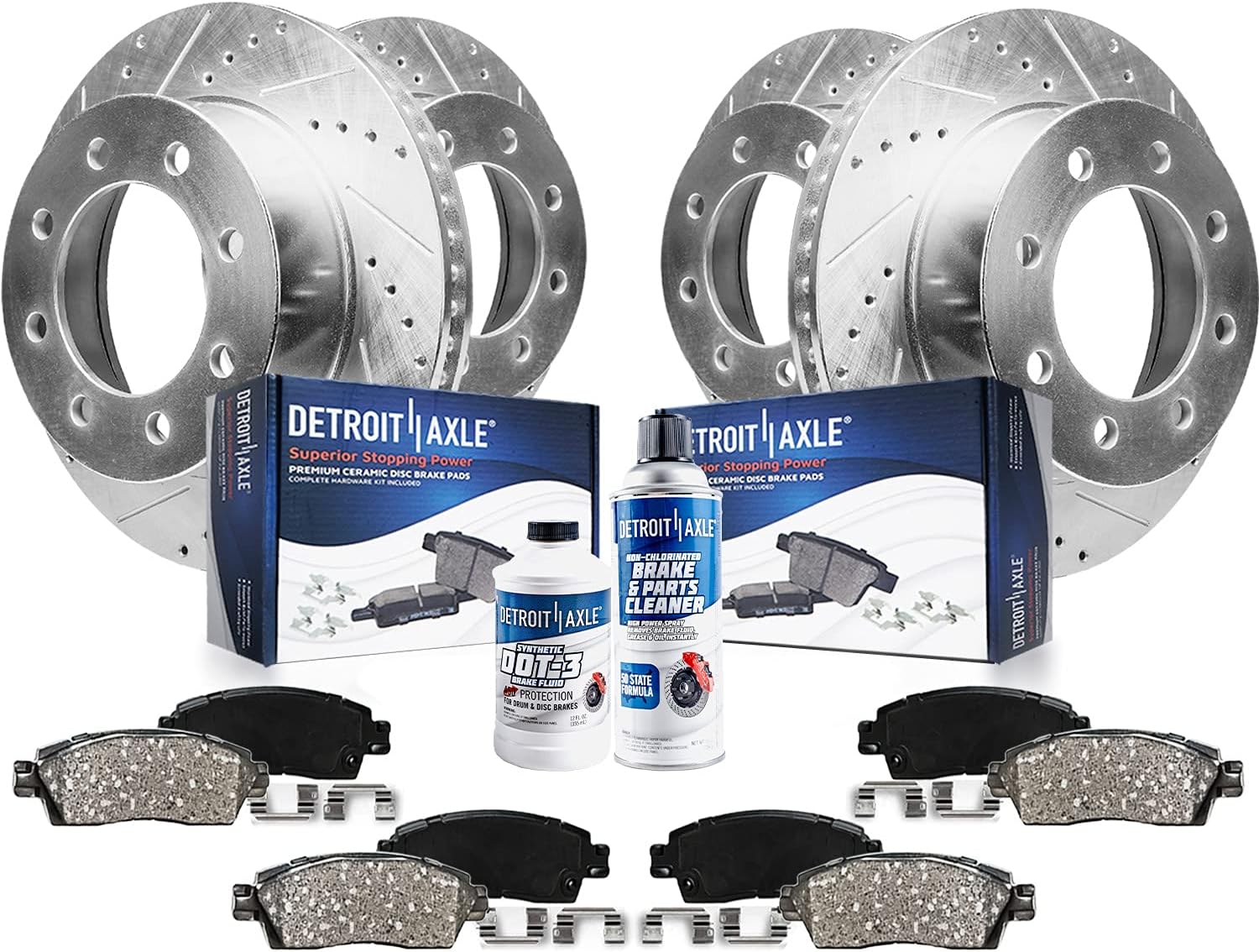 Detroit Axle - Brake Kit for Chevy GMC Silverado Sierra 3500 HD, Drilled and Slotted Disc Brake Rotors Brakes Pads 2020 2021 2022 2023 2024 Replacement : 13.98' inch Front and Rear Rotors