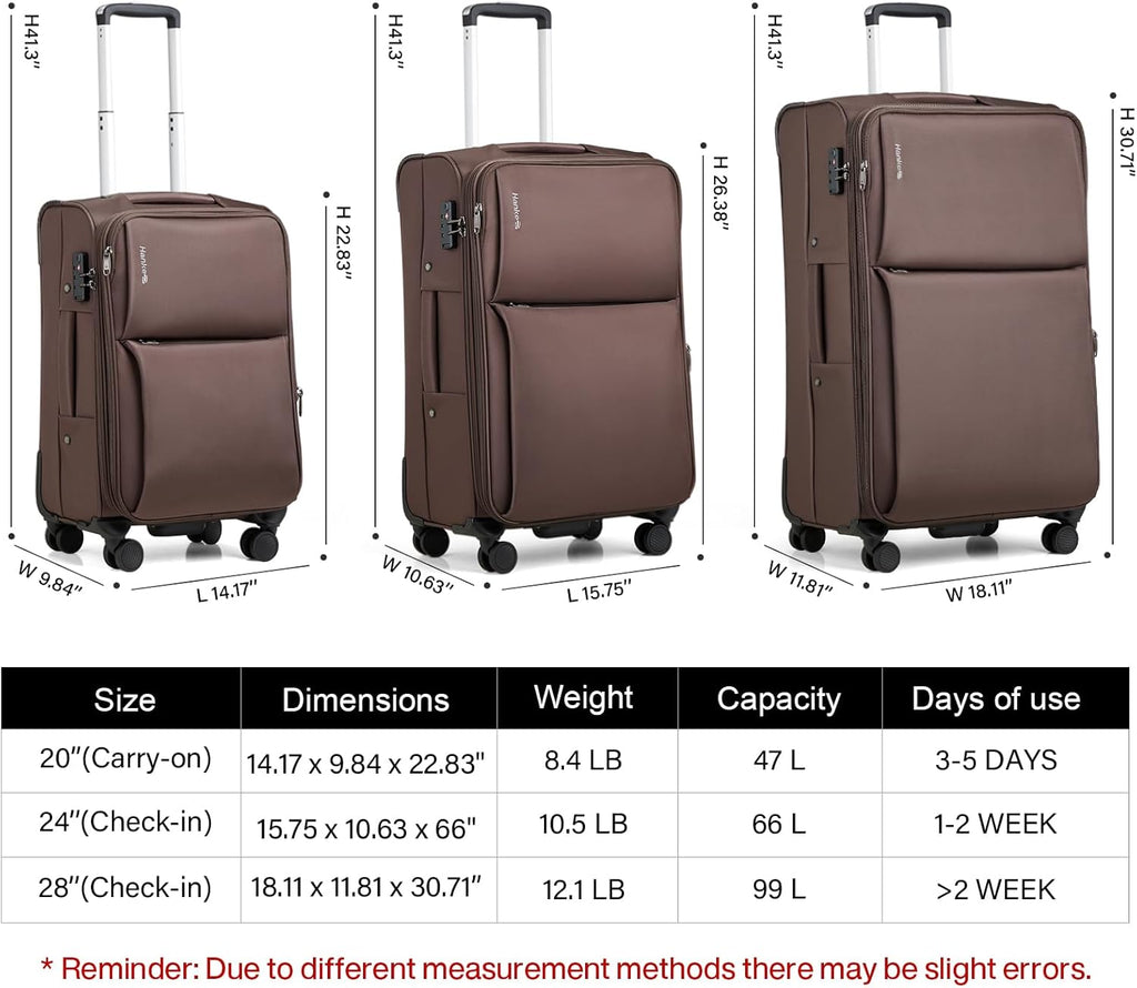 Hanke 3 Piece Luggage Sets Softside Expandable Carry On Luggage Set Travel Suitcase Sets with Spinner Wheels TSA Approved Luggage(Coffee, 20in/24in/28in)