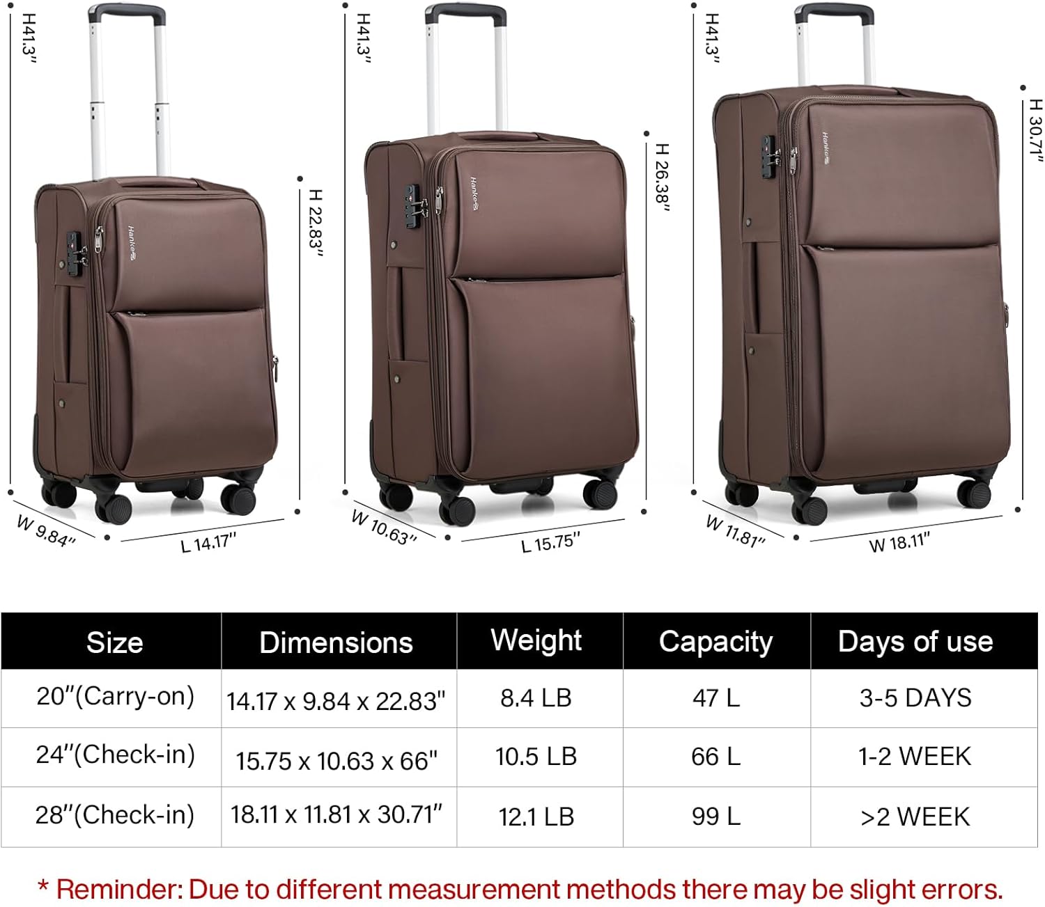 Hanke 3 Piece Luggage Sets Softside Expandable Carry On Luggage Set Travel Suitcase Sets with Spinner Wheels TSA Approved Luggage(Coffee, 20in/24in/28in)