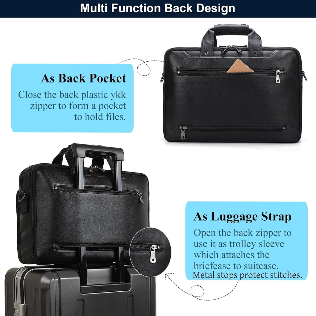Masa Kawa Black Leather Briefcase for Men, Waterproof 16 Inch Laptop Computer Case, Crossbody Shoulder Messenger Bag for Business Travel, Office Work