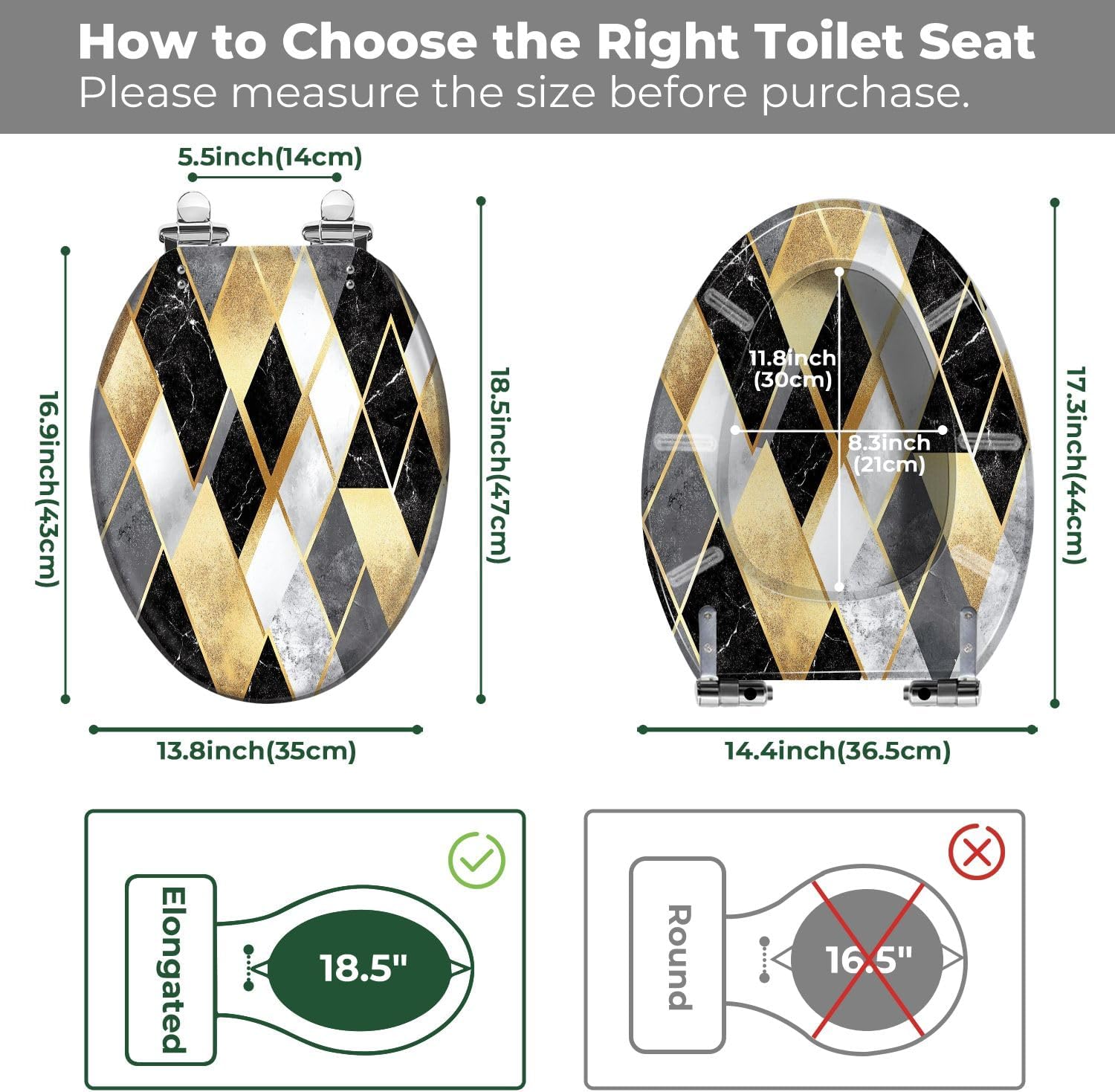 Elongated Toilet Seat seamless geometric pattern gold lines silver glitter black watercolor Art Resin Toilet Seat Easy to Install Quietly Close Quick Release Hinges Decorative Toilet Seat with Cover