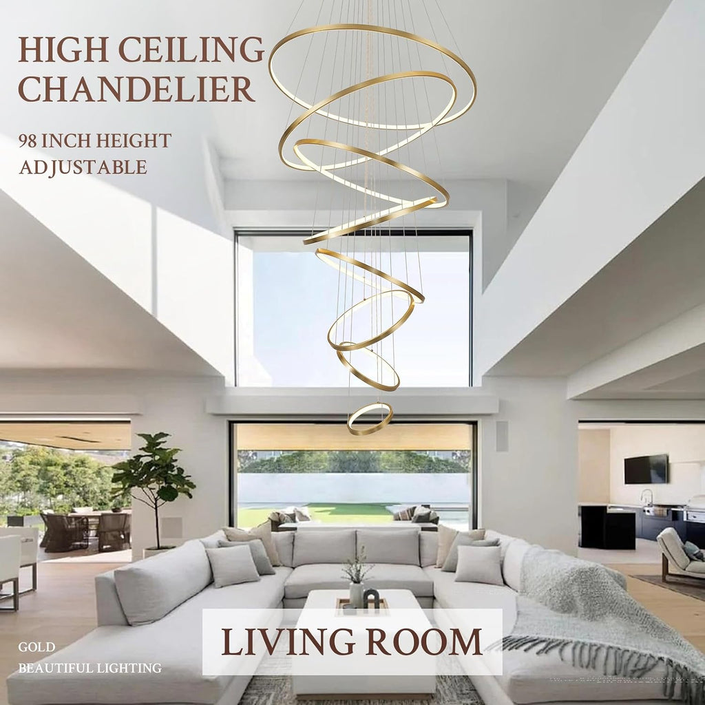 Modern LED Chandelier 8 Rings Dimmable Gold High Ceiling Chandelier Foyer, Large LED Contemporary Pendant Lighting for Staircase Entryway Living Room, D35in 3000K-6500K