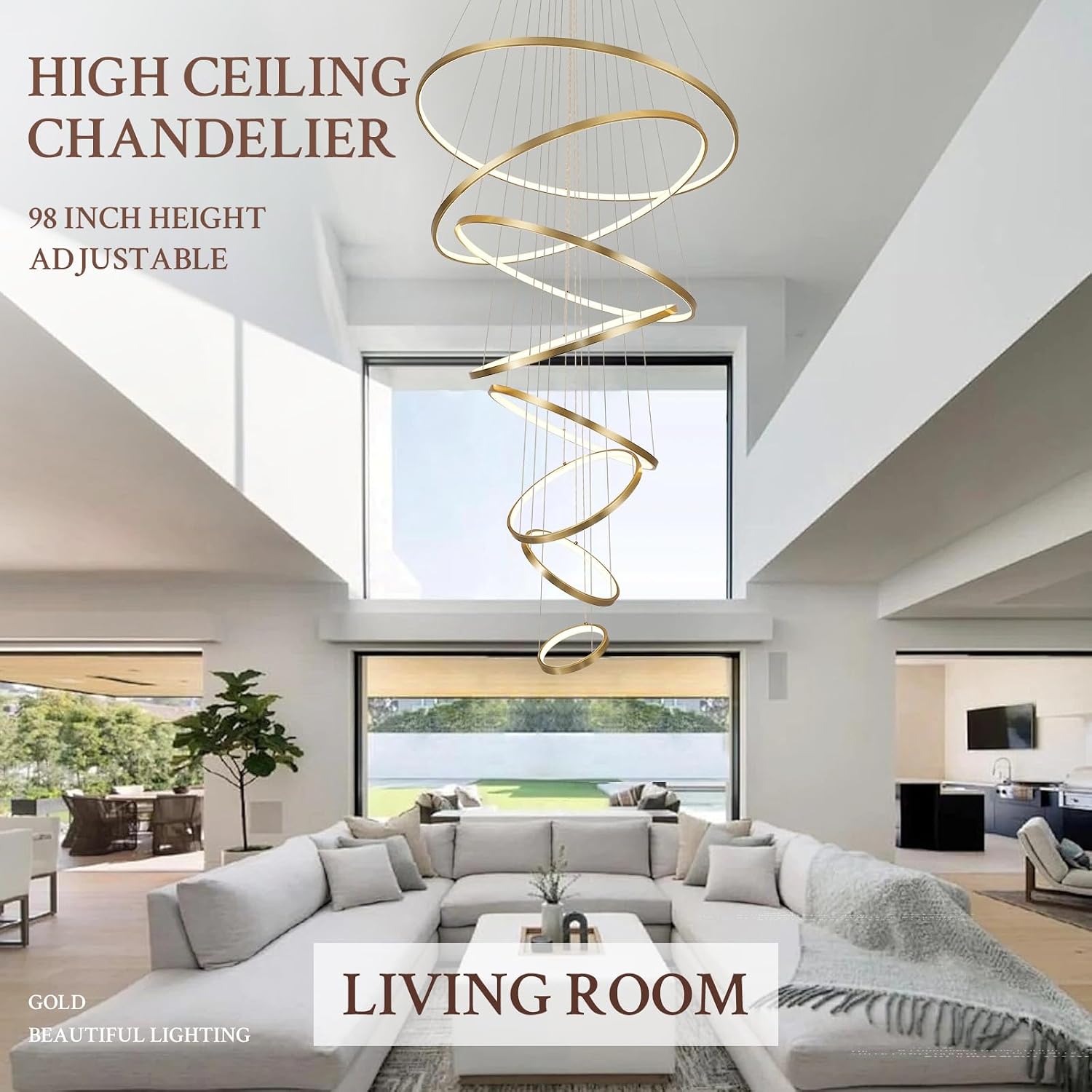 Modern LED Chandelier 8 Rings Dimmable Gold High Ceiling Chandelier Foyer, Large LED Contemporary Pendant Lighting for Staircase Entryway Living Room, D35in 3000K-6500K