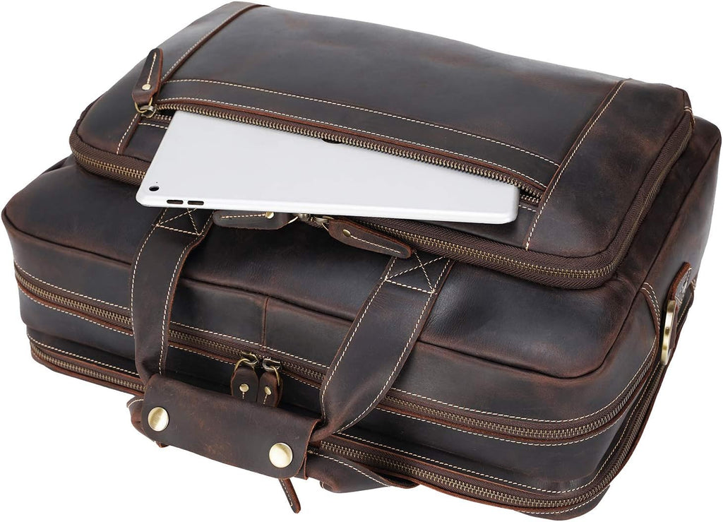Men's Solid Thick Full Grain Leather 17.3' Laptop Briefcase Classic Messenger Bag Fit Business Travel | Solid, Thick, Full Grain Leather, 17.3', Classic, Fit