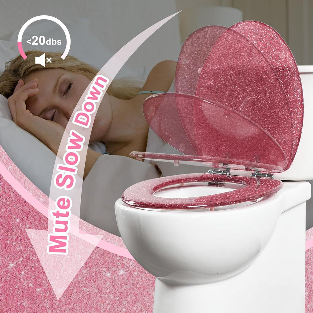 Toilet Seats 17.3' Glitter Toilet Seat Range Novelty Glitzy Sparkle Bathroom Toilet Seat, Soft Close, Quick Release for Easy Clean with Top Fixtures,Gold(Pink)