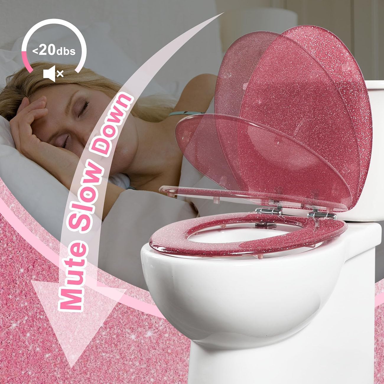 Toilet Seats 17.3' Glitter Toilet Seat Range Novelty Glitzy Sparkle Bathroom Toilet Seat, Soft Close, Quick Release for Easy Clean with Top Fixtures,Gold(Pink)