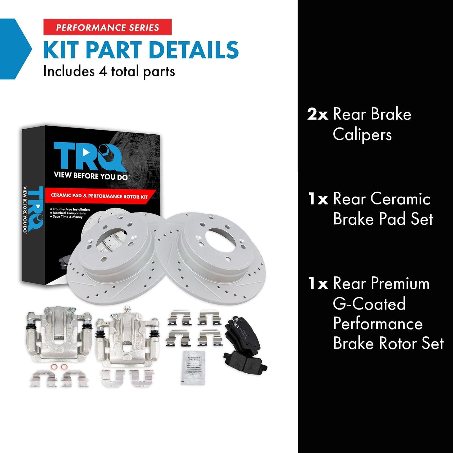 TRQ Performance Rear Brake Pad and Rotor Set Ceramic Solid Coated Rotors Calipers Compatible with 2012-2017 Hyundai Azera 2011-2015 Kia Optima