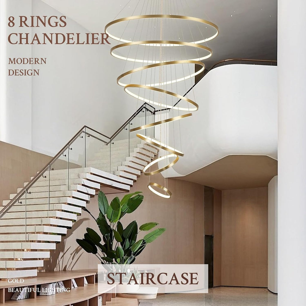 Modern LED Chandelier 8 Rings Dimmable Gold High Ceiling Chandelier Foyer, Large LED Contemporary Pendant Lighting for Staircase Entryway Living Room, D35in 3000K-6500K