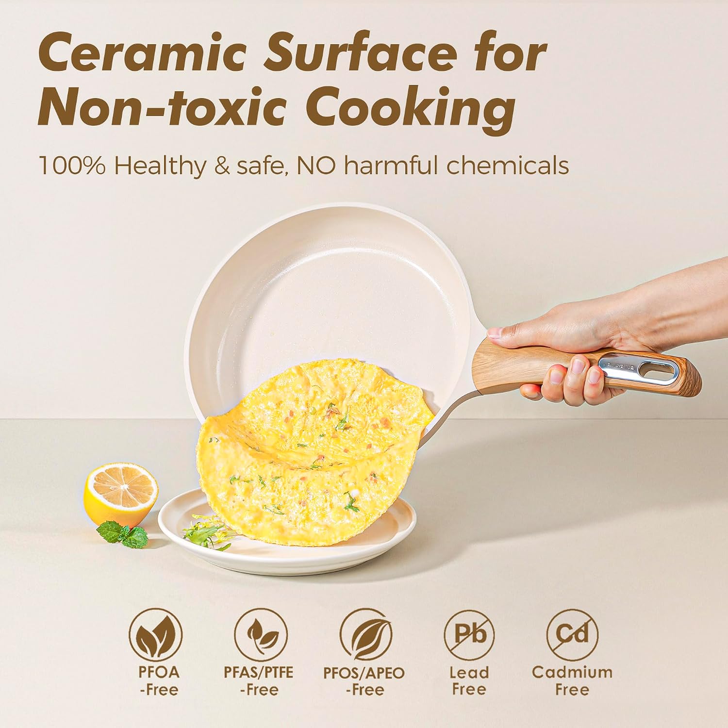 SENSARTE Nonstick Ceramic Cookware Set 14-Piece, Healthy Pots and Pans Set, Non-toxic Kitchen Cooking Set, Taupe