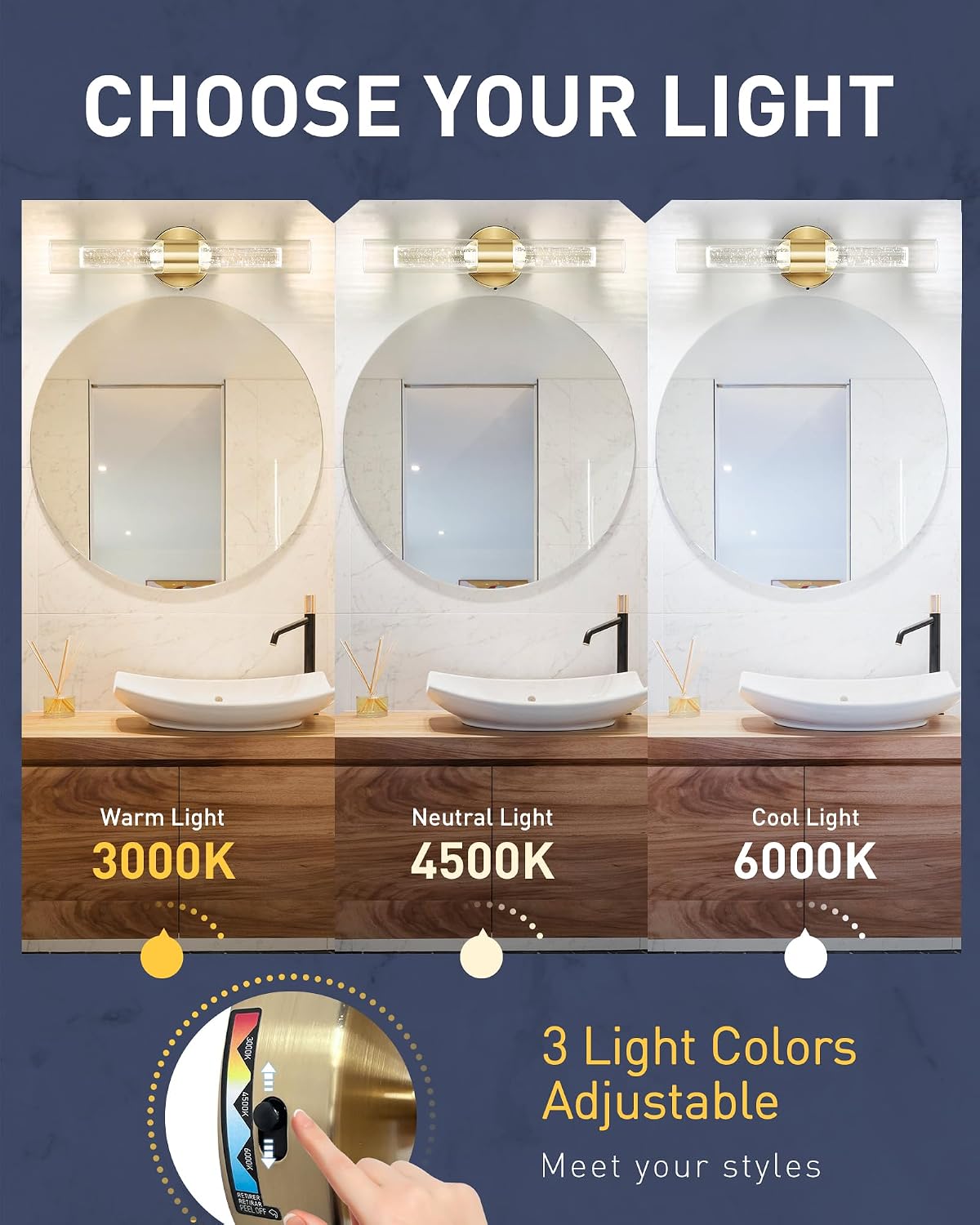 kudos Gold Bathroom Light Fixtures,2 Pack Modern Sconces Wall Lighting with Crystal Bubble and Clear Glass, 3000K/4500K/6000K Adjustable, KDVL05-GD-2-2PK