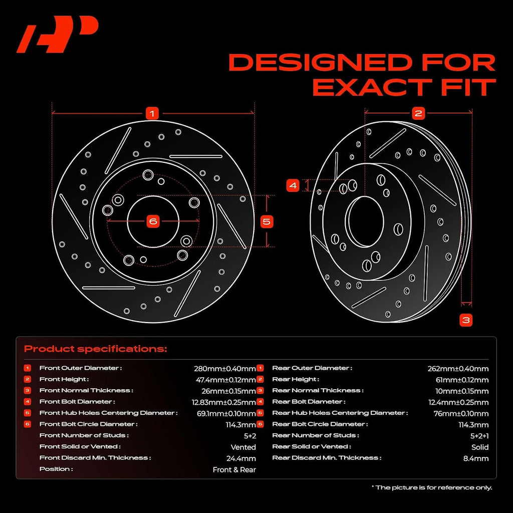 A-Premium Front and Rear Drilled and Slotted Disc Brake Rotors + Ceramic Pads Kit Compatible with Select Hyundai and Kia Models - Sonata 05-08, Tucson 05-09, Magentis 06-09, Optima 06-10, Sportage