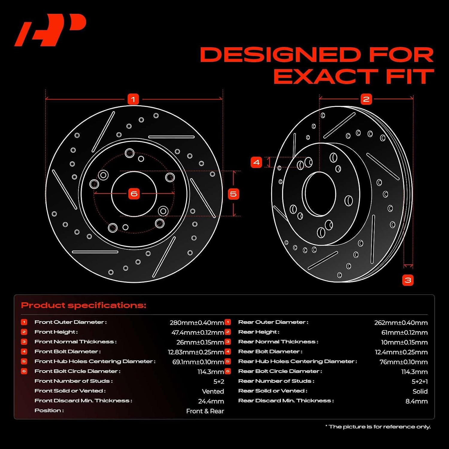 A-Premium Front and Rear Drilled and Slotted Disc Brake Rotors + Ceramic Pads Kit Compatible with Select Hyundai and Kia Models - Sonata 05-08, Tucson 05-09, Magentis 06-09, Optima 06-10, Sportage