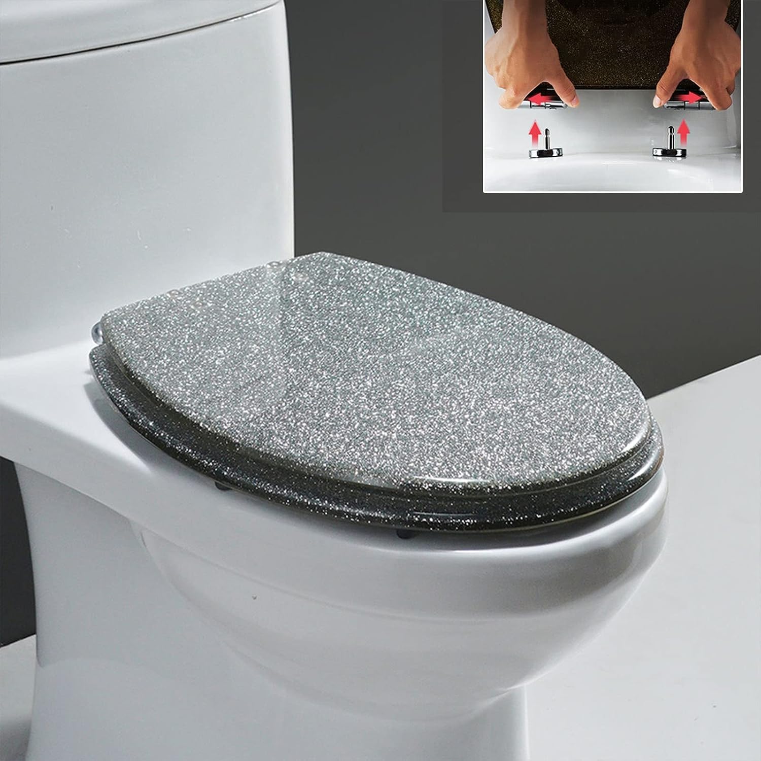 Glitter Resin Toilet Seat, Glitter Toilet Seat Soft Close with Quick Release, Simple Top/Bottom Fixing, Oval Environmentally Friendly Resin Toilet Seat,Silver(Silver)