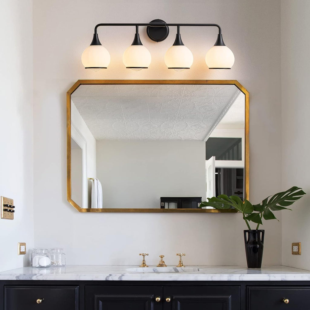 Black Bathroom Light Fixtures 4-Lights Vanity Lights with Milky White Frosted Glass Shade Bathroom Vanity Light 30.7 inch Wall Sconce Lighting Bath(Exclude E26 Bulb)