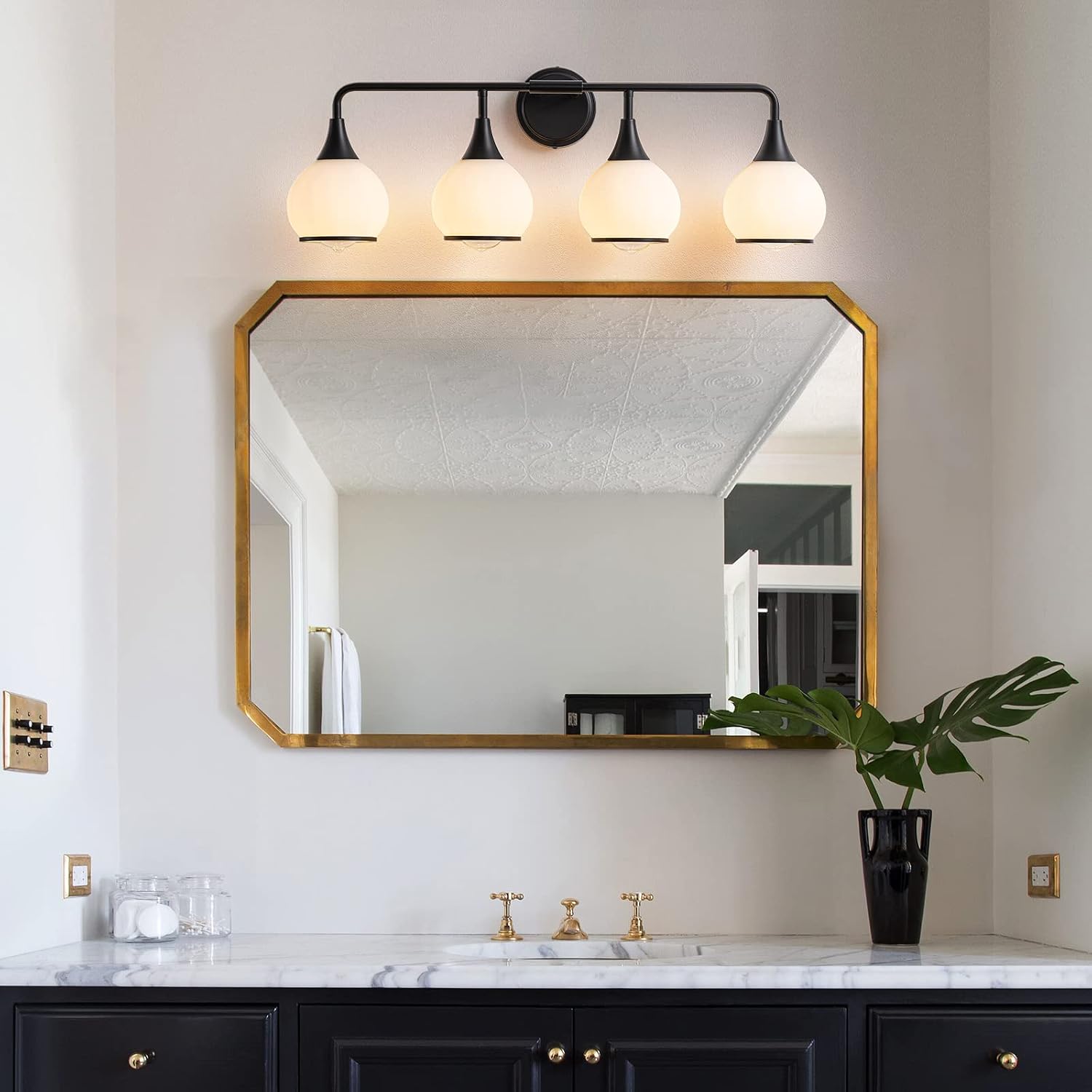 Black Bathroom Light Fixtures 4-Lights Vanity Lights with Milky White Frosted Glass Shade Bathroom Vanity Light 30.7 inch Wall Sconce Lighting Bath(Exclude E26 Bulb)