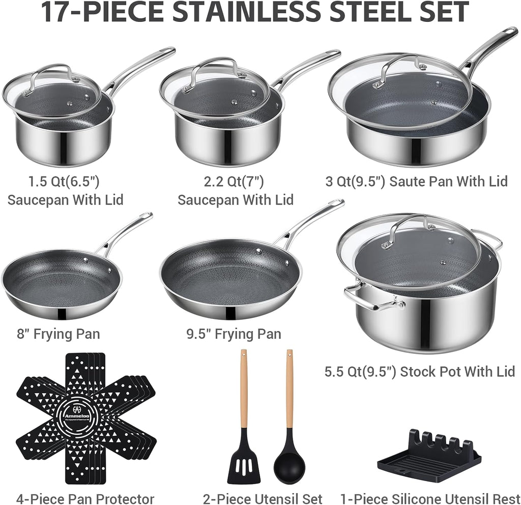 Ammeloo 17 Pcs Nonstick Stainless Steel Cookware Set, Hybrid Stainless Steel Pots and Pans Set Non Stick, Non Toxic Kitchen Cookware Sets, Dishwasher & Oven Safe, Induction & All Cooktop Compatible