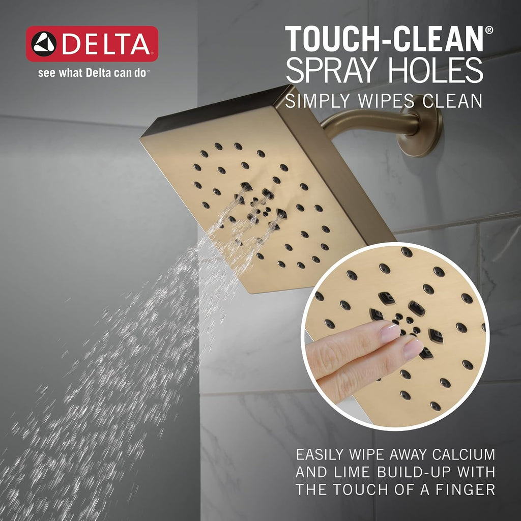 Delta 4-Setting Brushed Gold Shower Head with H2Okinetic Spray, 4 Inch Square Shower Head, Showerheads, 1.75 GPM Flow Rate, Lumicoat Champagne Bronze 52484-CZ-PR