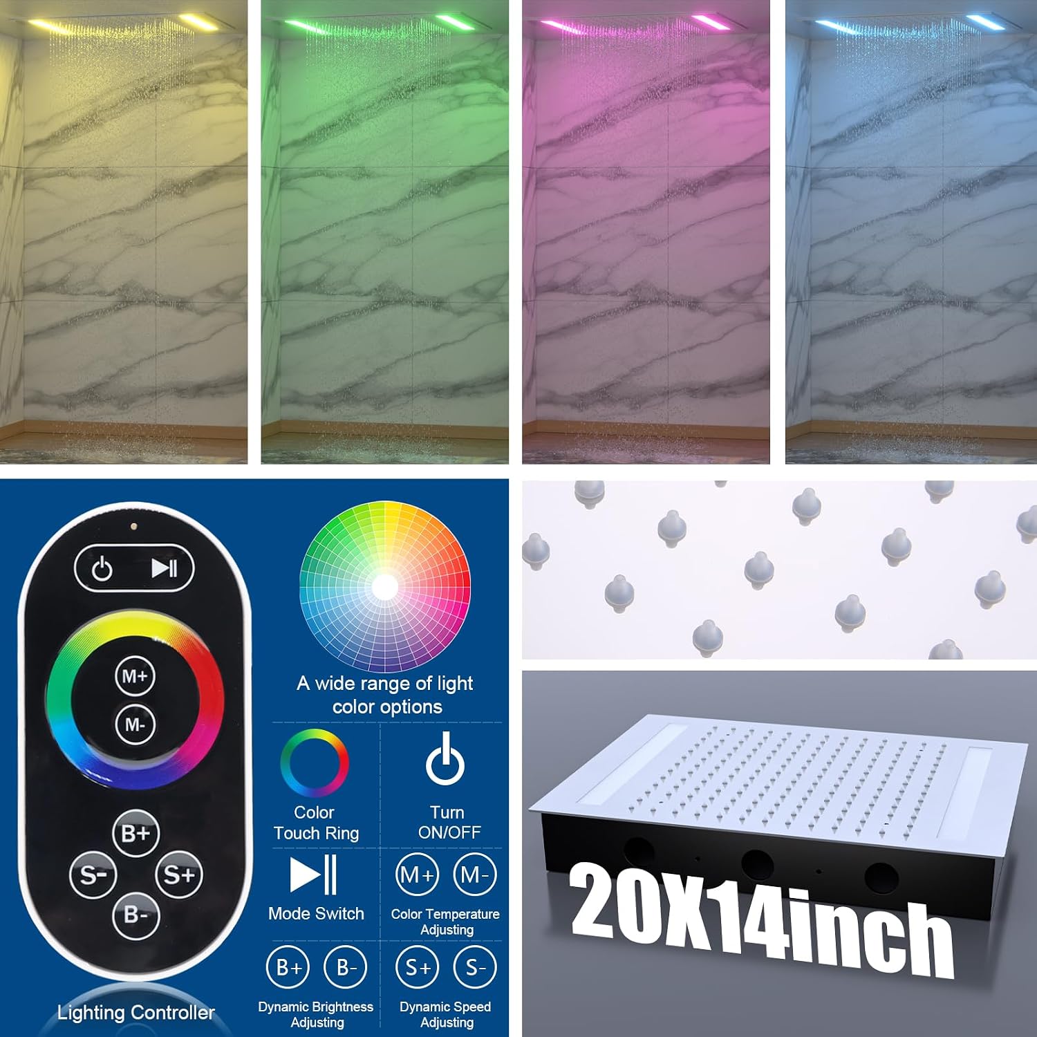 Enga 20 X 14 Inch LED Rain Shower System, Temperature-Display Thermostatic Shower Valve, 4PCS Shower Jets with ON-OFF, Dual Function Handheld Sprayer, Chrome