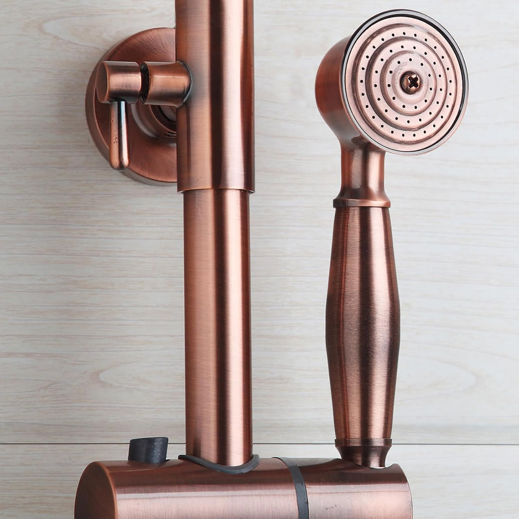 Vintage Copper Exposed Shower System with 8 inch Rainfall Shower Head and Bath Tub Spout,Multi-Mode Exposed Shower Fixture with Handheld Shower Wall Mounted for Bathroom